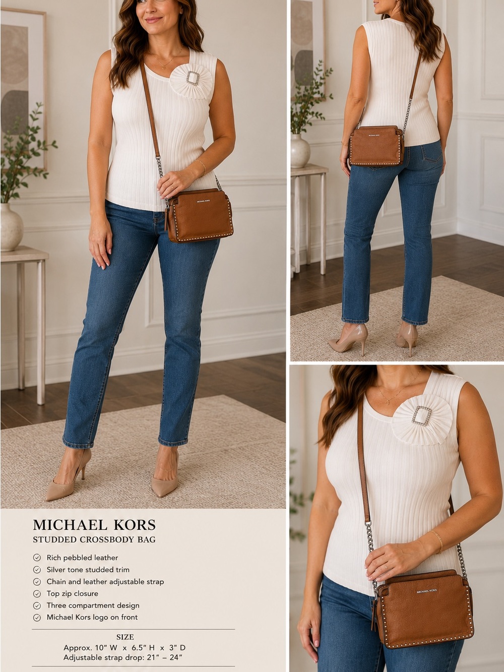 Michael Kors Tan Pebbled Leather Zip-Top Crossbody